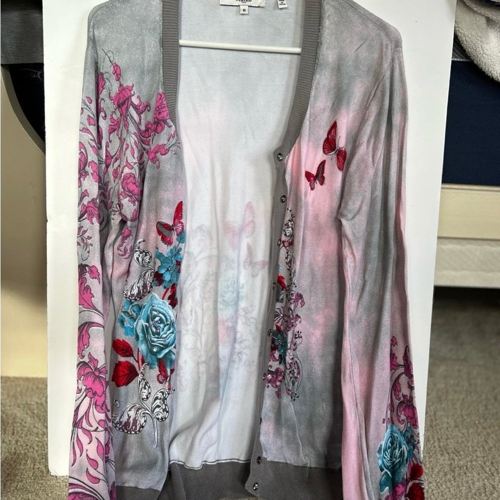 Vertigo Paris Floral Cardigan - Gray, Pink, and Blue